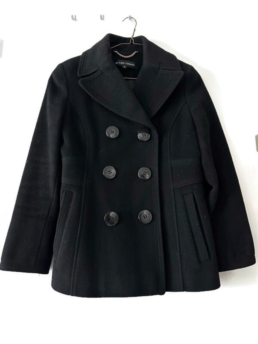 Ellen Tracy Black Double-Breasted Wool-Blend Peacoat